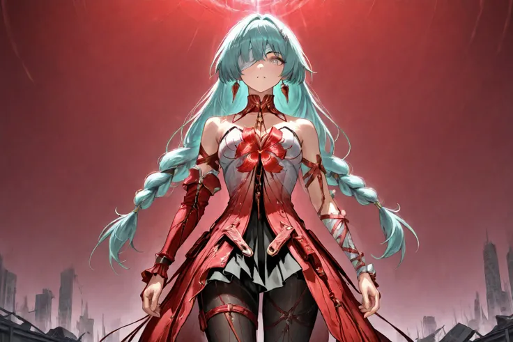 Phrolova (Wuthering Waves), anime style, red void Background , standing on the roof of a destroyed building, looking at viewer, grey eyes, aqua hair, long hair, twin braids, one eye covered, bandage over one eye, red collar, detached collar, chest strap be...