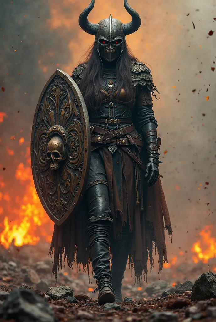 The Shadow Shieldmaiden: A striking representation of a battle-hardened warrior, clad in leather and steel carved with a skull. Her gaze intense beneath a horned helmet, she walks over the remains of a great battle - untold casualties, blood and fire. Flam...