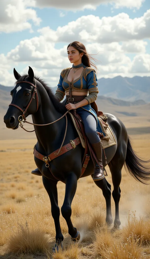 A stunning 20-year-old Kazakh-Mongolian assassin from the 13th century rides confidently on a sleek black horse across a windswept steppe. Her striking, sexy, big boobs, the chest of her clothes was open, mixed heritage is evident in her captivating featur...