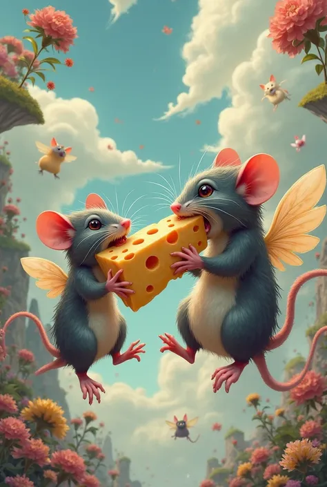 Rat eating floral cheese while flying with wings with another rat also flying asking the other rat for some cheese but the othet rat does NOT want to give him any cheese