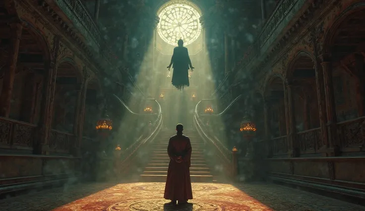 Wide shot of the mansion’s grand hall as Rajeev stands firm against Brahm Pishach, who floats above the ground, surrounded by dark energy. Rajeev’s protective talisman glows brightly as he prepares to cast a spell.