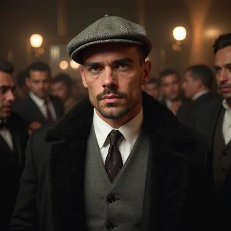 Arthur:  A Man, 40 years, Theo Hernandez ,  Textured Skin, cabelo low fade blonde, moustache,  blue eyes,  athletic body, striking look,  square chin, face marked wearing a gray English beret, classic gray suit and a black overcoat, in a crowded fight club...