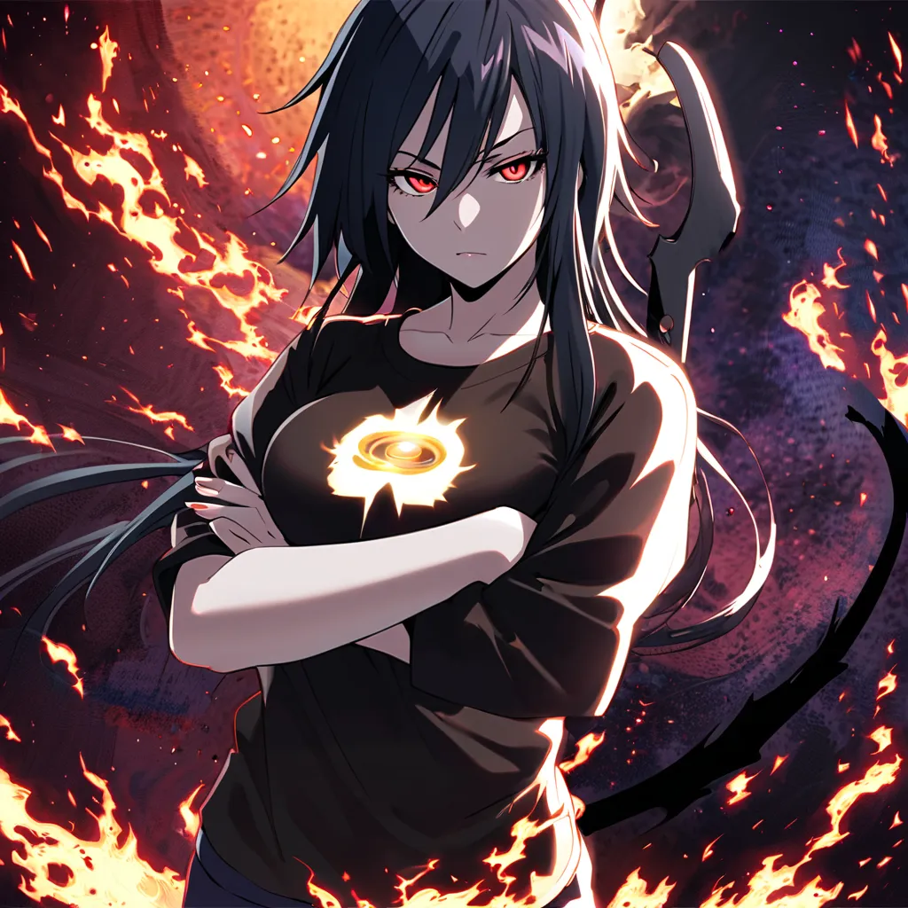 Beautiful female arrancar from bleach manga, age 25, sword on back, arms crossed, wearing a black fox t shirt with blue sweatpants, black wavy long hair, pale skin with red eyes, black hole in chest area, black flame aura around whole body, anime, mature w...