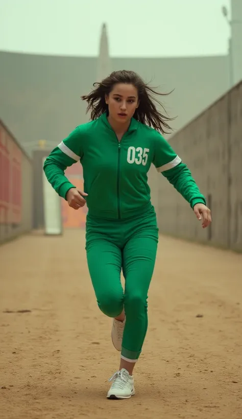 A full-body shot of a woman like jenna ortega running directly toward the viewer in a highly cinematic and intense scene inspired by Squid Game. She is wearing the iconic green tracksuit with only one white stripe on the sleeves and legs. The tracksuit has...