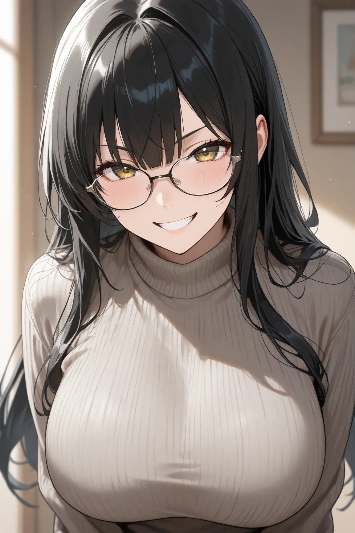  black hair　long hair　Glasses　　sweater　grin　game