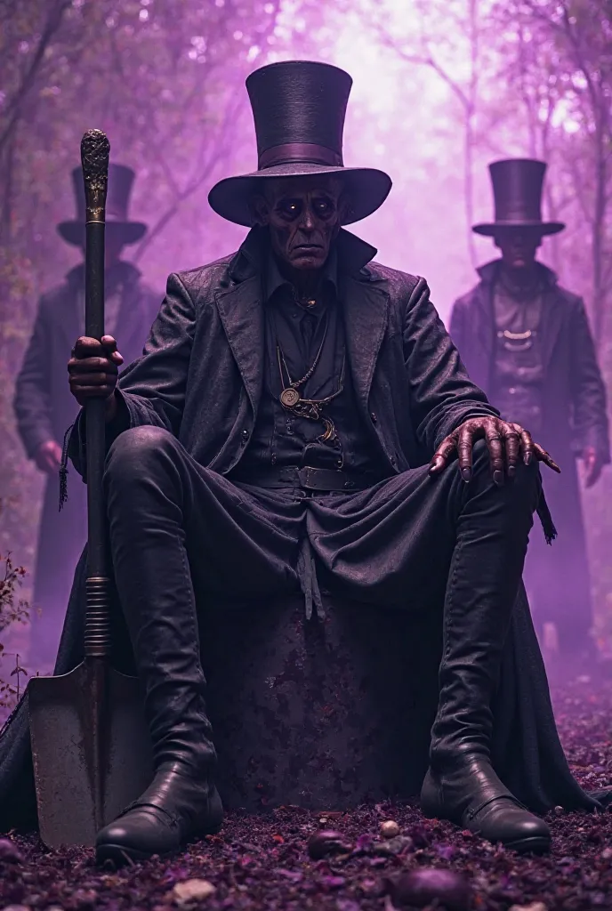 Baron Samedi sitting on the grave with a shovel in his hand, rum in his second hand, back to him standing a family of Ghede without top hats. Make it in violet, purple and white color.make baron looks more scary and royal