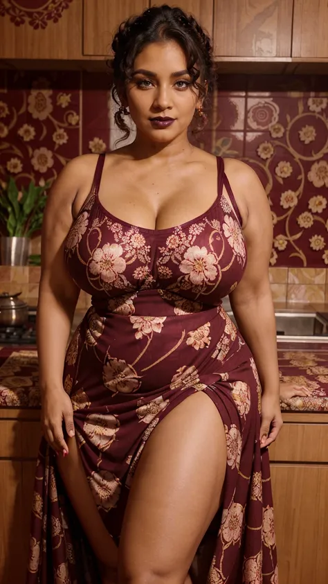 Sri Lankan gorgeous aunty 45 years old, beautiful face, ((wearing a maroon floral pattern night long dress)), makeup face, ((curly Hari bun)), curvy body, sexy figure fat body, big breast, thick thighs, posing at kitchen (in the kitchen), good proportion, ...