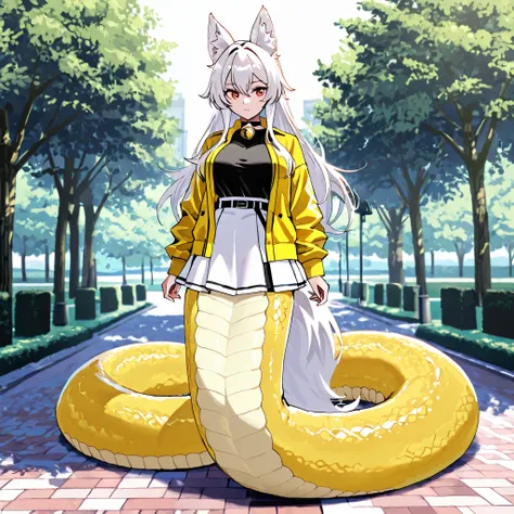 score_9, score_8_up, score_7_up, 1girl, white hair, red eyes, bell collar, black shirt, yellow jacket, white skirt, fox ears, lamia, (yellow scales:1.2), tail, 4k, 8k, 16k, full body, best quality, standing, outside, fox tail, PonyScores, park, HDA_ChibiSt...