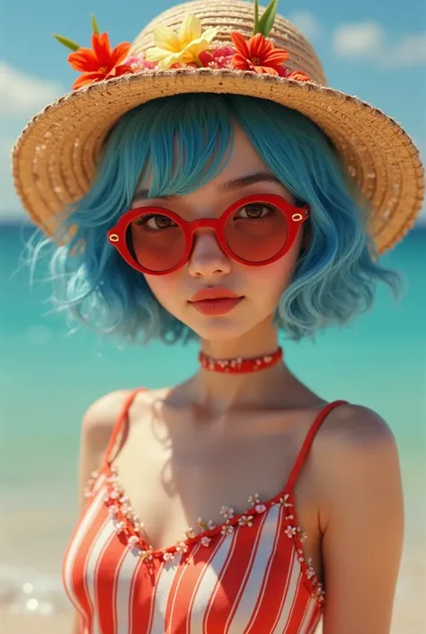 Short girl with blue hair and brown eyes wearing a floral hat with a red and white stripped dress on and crimson red sunglasses on