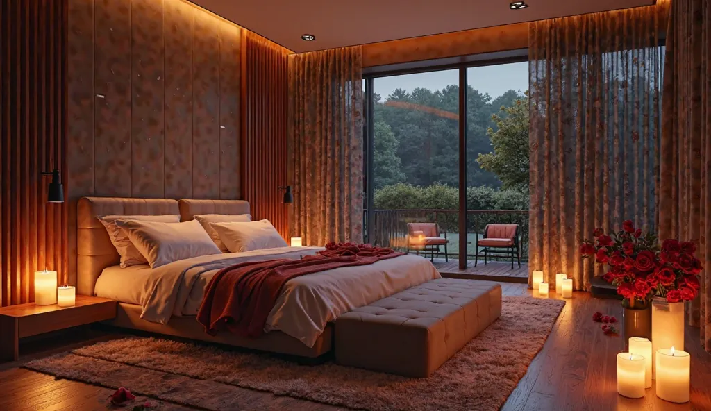 The modern luxury bedroom is decorated with red roses and candles. The quality is high. The room is large at night 