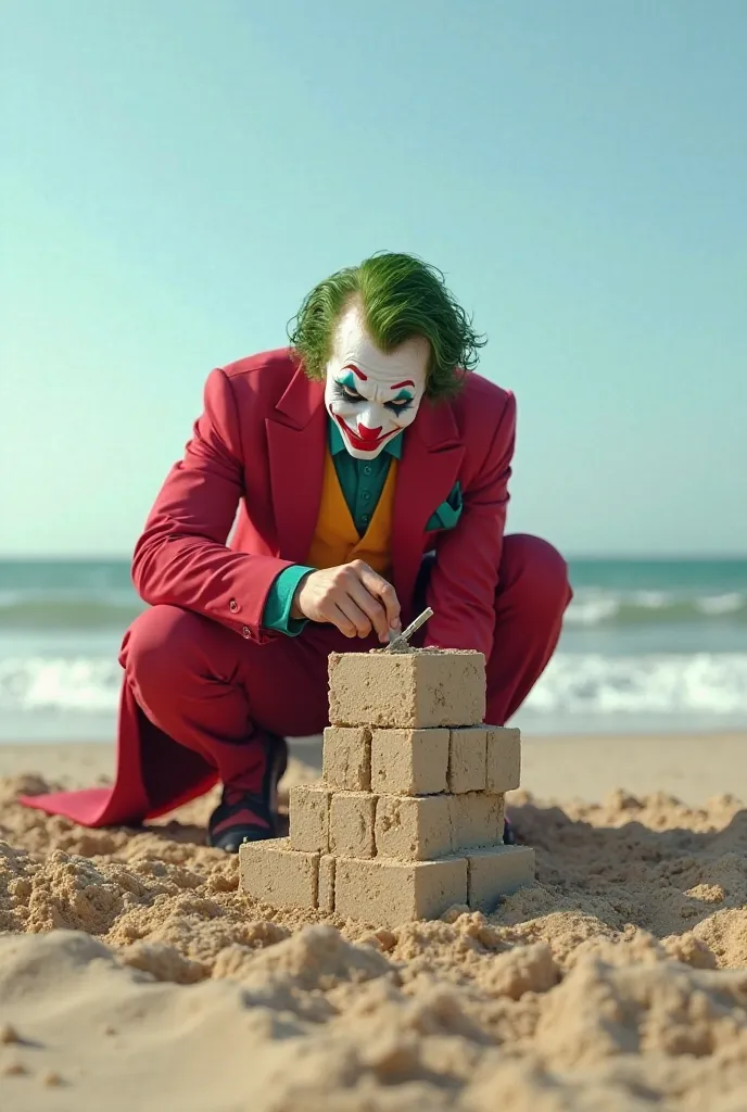 A hyper realistic 3D rendering "The Joker in his iconic red dress is crouching on a Sandy beach, carefully carving a cube-shaped sand sculpture with a small chisel. The sand sculpture looks like stacked bricks. In the background the sky is clear and blue, ...