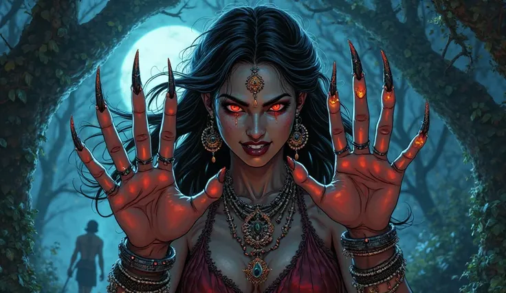 ### **Hyper-Realistic Indian Mythology Comic Style Scene Prompt**  

**Scene Description:**  
A fierce and intense depiction of **Shurpanakha**, now grown into a formidable Rakshasi, revealing her **long, razor-sharp nails** that gleam under the dim, eerie...