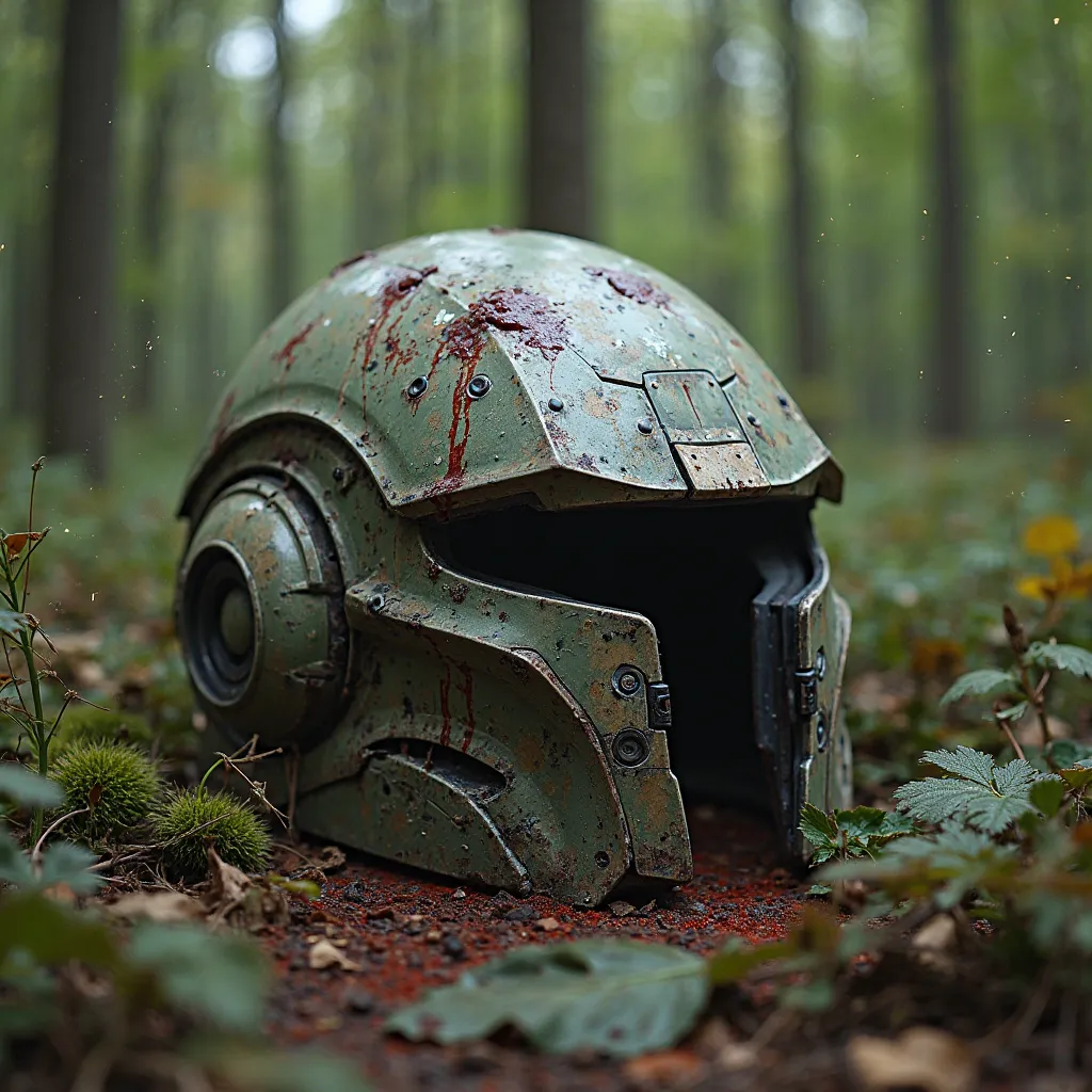 Broken futuristic military helmet, Thrown on the forest floor, with blood stains.