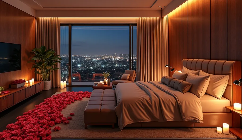 The modern luxury bedroom is decorated with red roses and candles. The quality is high. The room is large at night 