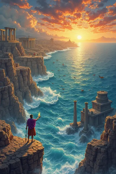  a vibrant and symbolic illustration that captures the essence of your narrative:
 Picture Description :
The scene is an epic landscape that unites Sumeria, the Mediterranean and the Atlantic, divided into three sections that flow together like a mythical ...