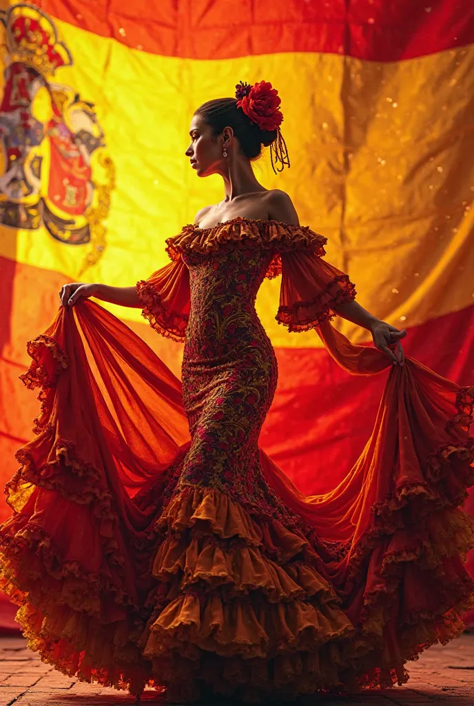 A post for Instagram that contains the flag of the autonomous status of Andalusia and at the front a person wearing flamenco dress 