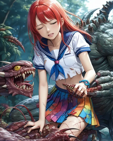  TOP QUALITY、((Ultra Fine Illustration)),(The girl&#39;s whole body is visible、 Anime Girl 、A monster is stabbing a girl with its claws:1.9), high definition,  Anime Girl 、cute、detailed skin texture with hair on back of hand, detailed fabric texture,   ext...