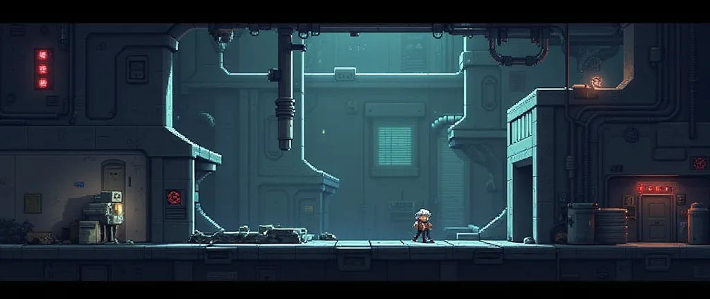 platformer, pixel art game, pixel art interior empty building for Sidescroller. with platforms. futuristic military building interior from the nazi.