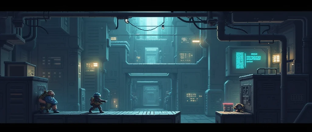 platformer, pixel art game, pixel art interior empty building for Sidescroller. with platforms. futuristic military building interior from the nazi.
