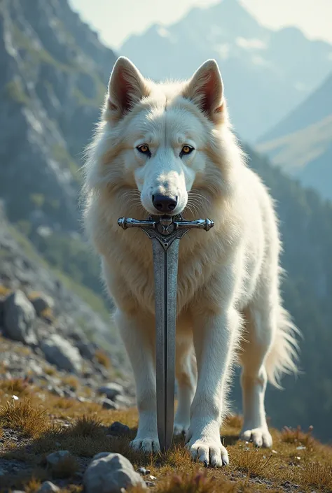 A white Swiss shepherd holding a sword in his mouth 