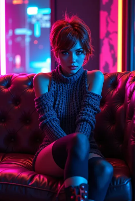 (Teen_Titans style, neon-punk anime, hentai, CG cartoon, bold accent-lines, Titan_Tower, spacious futuristic living room, industrial chic, large leather half-circle couch, vivid, stunning, dramatic lighting, dynamic shadows)
(1girl, gorgeous, 21yo, Irish (...