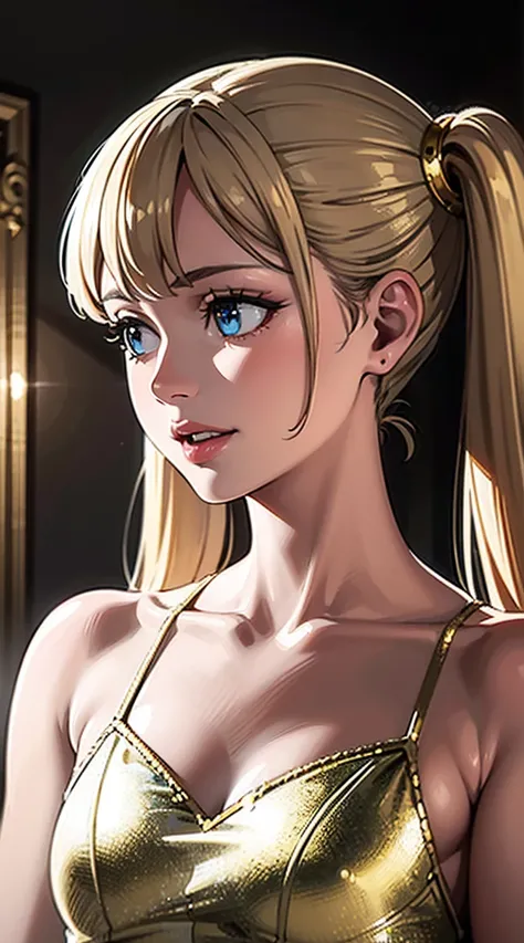 Final Fantasy Princesses、8k, woman, Beauty、1 person in their 20s、 Gold、twin tails、 dress、 Luxurious Decor、 Facing Front、 upper body、(Laughing expression)、 no background、white background