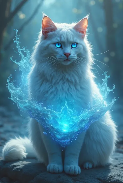 The cat carrying with has eyes coming blue colour water 