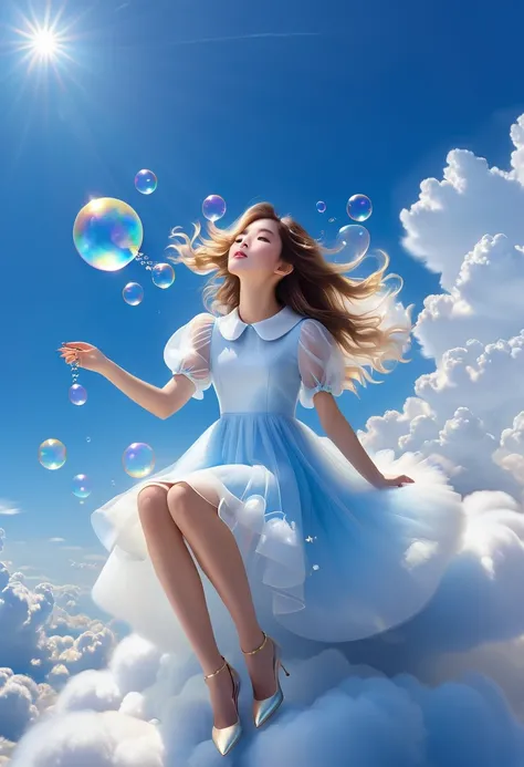 A cloud in the sky.white fluffy clouds、 blue sky background、 Sunlight Effects、 soft shadows .Beautiful white one-piece collar pencil-sleeve blue-white tulle dress.Long-haired girl's dream spirit.Girl sitting on clouds blowing bubbles，girl face clear，Shiny、...