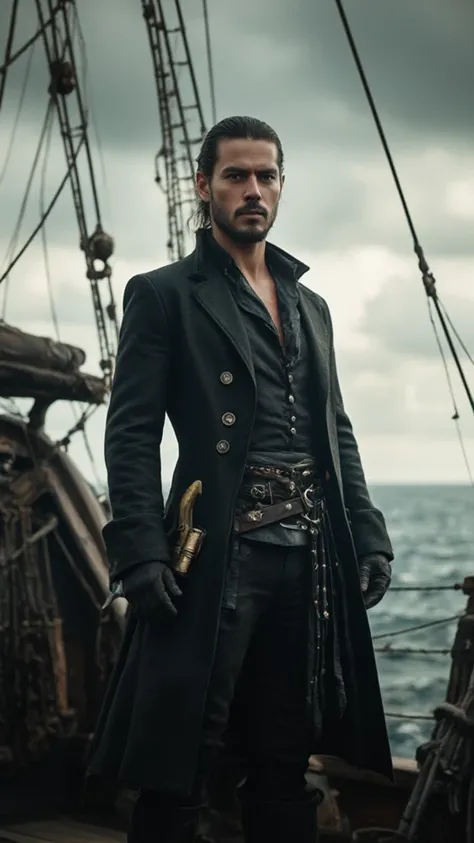 A young adult man with medium long dark hair tied and brown eyes and a light dark beard, with a black coat, and a trihorn on a pirate ship