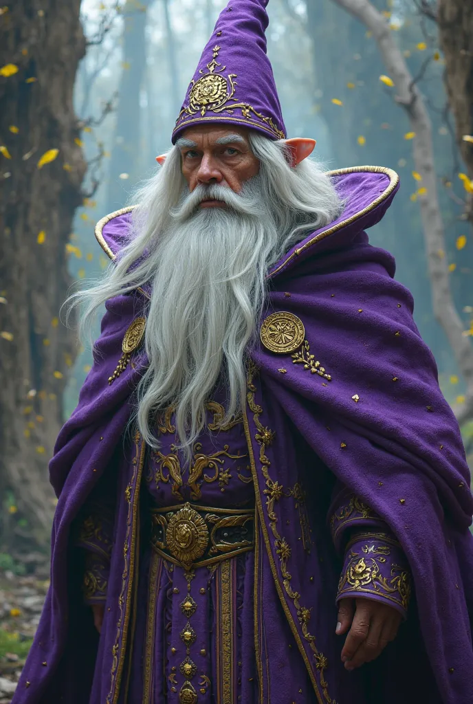 A white-haired elf wizard, Very large beard the same color as the hair, Wear purple clothes with gold details referring to magic, He has greyish eyes and a wizard's hat the same color as his clothes