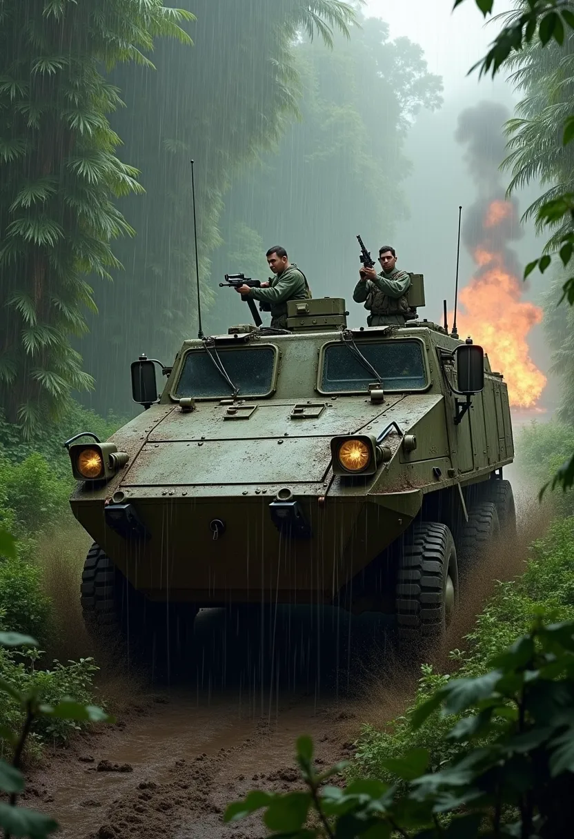 An armoured m113, being in the jungle, It's raining, and bomb explosions are everywhere.