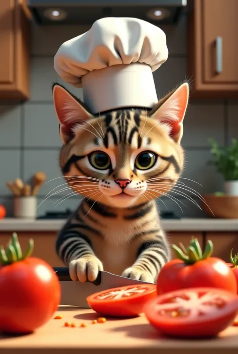 AN arrange cat inside a kitchen slicing tomatoes. The cat is wearing a White chef hat