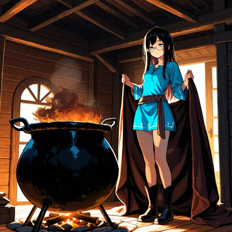 1 girl, Alone, 1,54cm tall, 53 kilos, roasted fine,  thin waist, small breasts, Small glutes, Layered black hair, shoulder-length hair, light blue eyes, glasses with round frame, Sleepy expression , Sorceress's tunic, black leather boots, cauldron, old cab...