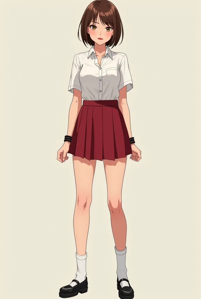  1 woman, angular face, Thick lips,  honey-colored eyes , Brown hair, short bob cut, parts,  white skin,  thin,  very large breasts , Very short cherry schoolgirl skirt , white socks,  Black school shoe,  White button blouse , short sleeve,  bracelets on y...