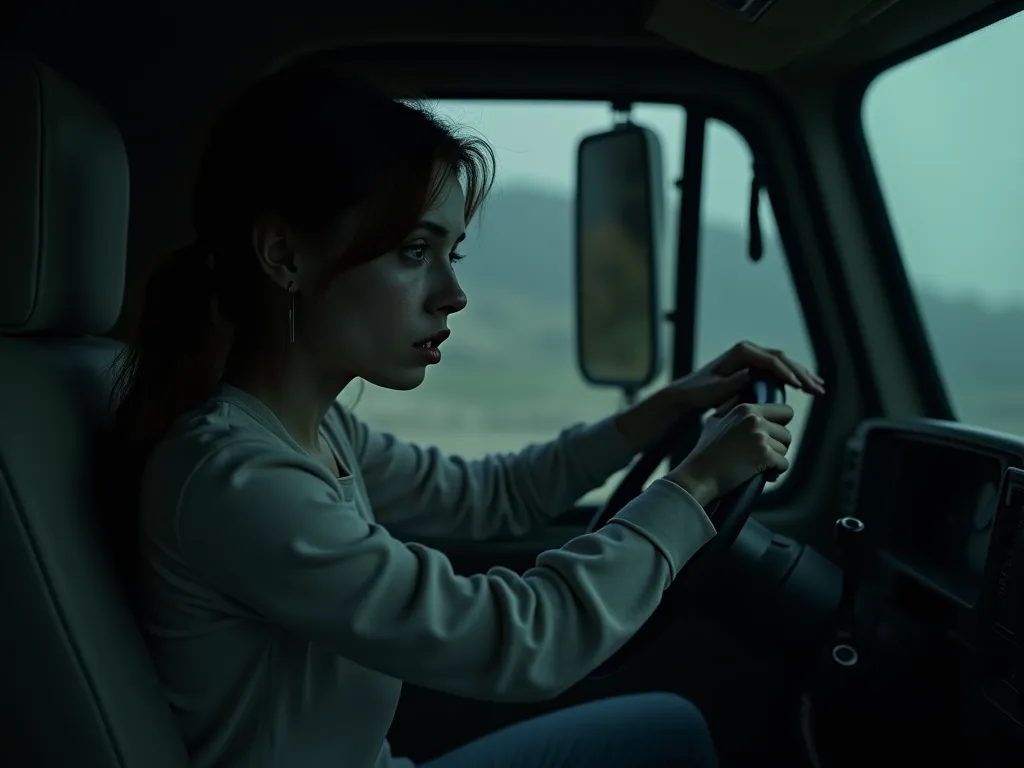 A pale-faced woman with deep, haunting eyes whispering her request to a driver in a dimly lit truck cabin