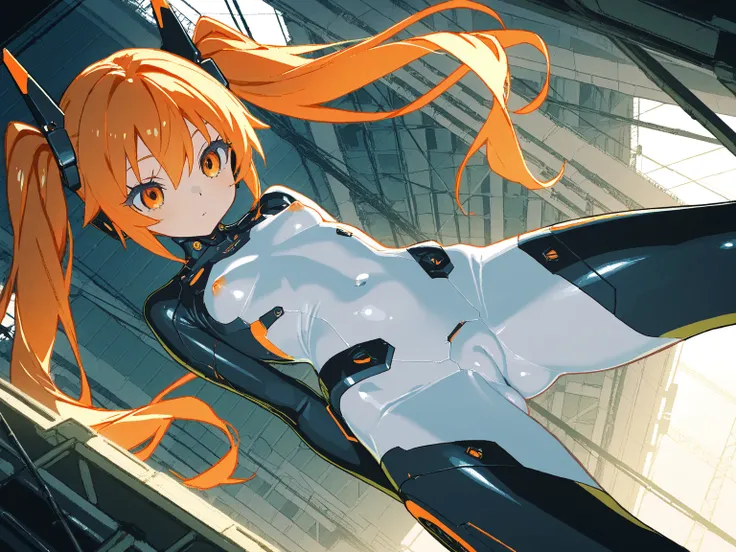 naked。twin tails。 lolicon。 small tits。(masterpiece, amazing quality, illustration, very awa, newest, absurdres) break,
 1girl , thick eyelashes, dynamic angle, mechanical, bodysuit, orange eyes,  cybernetics, break,
volumetric natural lighting, scenery 、na...