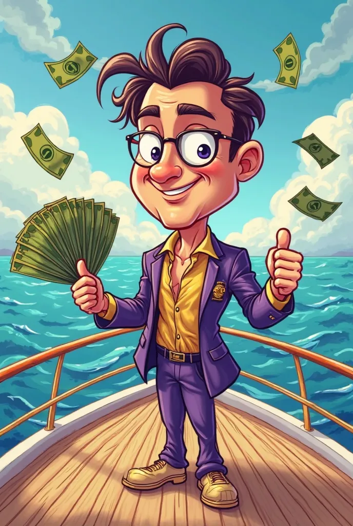 "Vibrant and exaggerated cartoon-style illustration of a rich  on the deck of a luxurious yacht. The  has large, expressive eyes showing a look of confidence and importance. Their body is slightly disproportionate, with a larger head in relation to the bod...