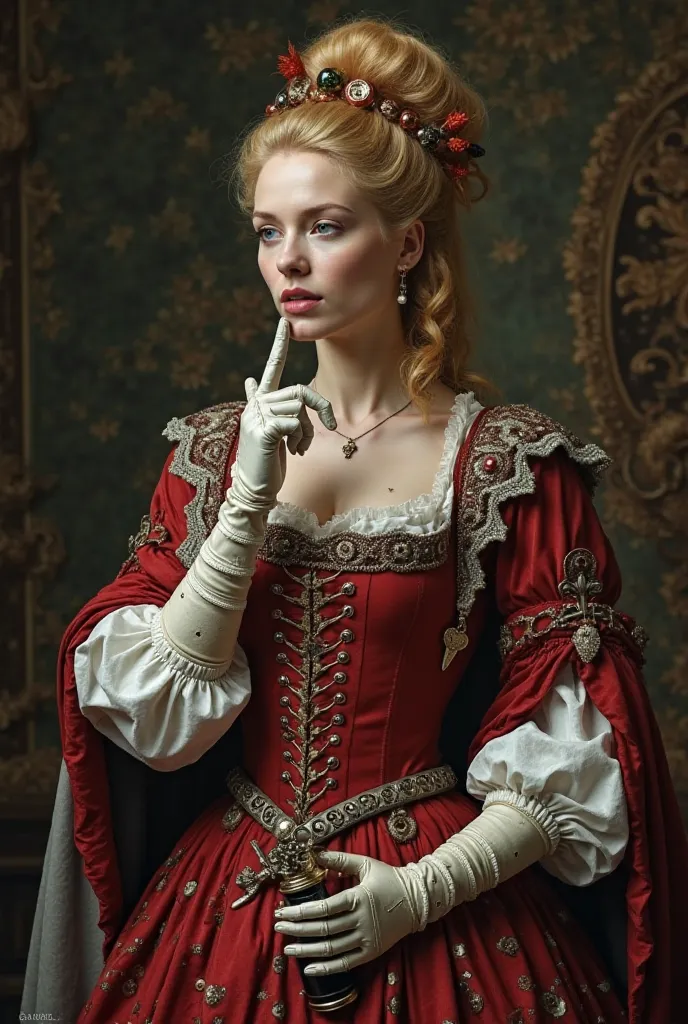 Beautiful 17th Century lady of Nobility, early 30s, arrogant, haughty expression, limbs made of clockwork, visible chest scars. Elaborate 17th century travelling red and grey clothes; gloves, a cloak, a gown, hat. Bottle of poison concealed in hands, straw...