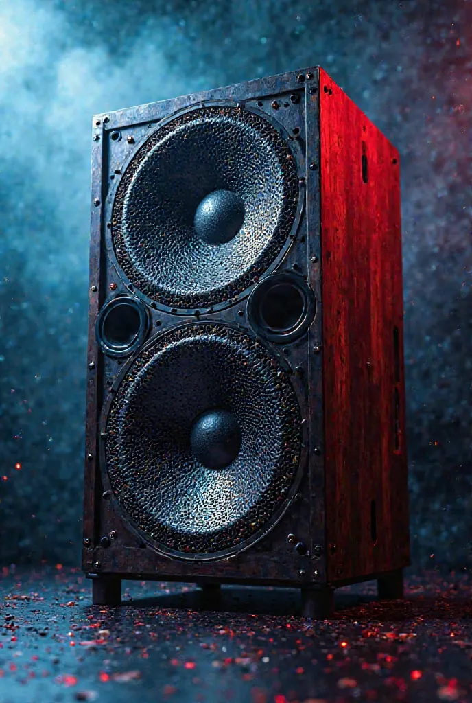 An imposing Sound System positioned in the center of the image, perfeita para uma thumbnail de YouTube. The scene features a large front speaker,  front view,  occupying the center of the composition . The design is robust and detailed, with powerful speak...