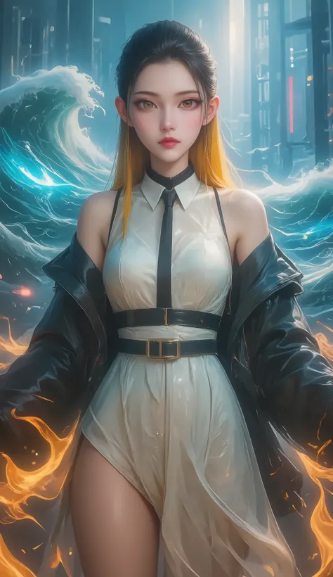 Crane girl, masterpiece, best quality, amazing quality , is very beautiful, high resolution , latest, Super Fine , realism, 1 Girl, \(roaring waves\), pink hair, Two-tone hair, Flame arm , Red arm , white dress, Black Jacket , Detailed Eyes, round...