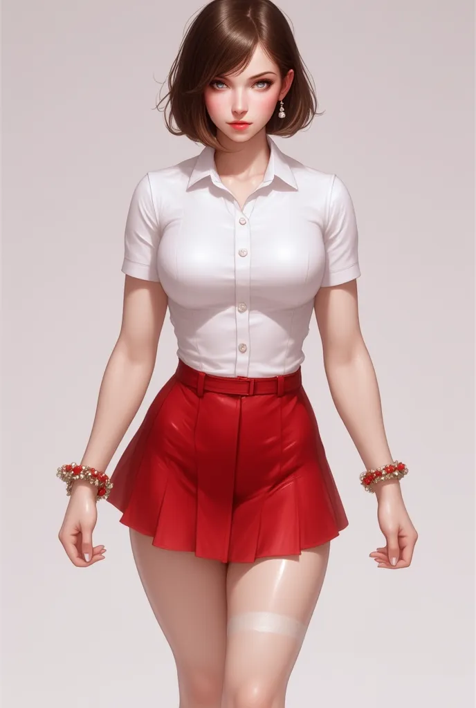  1 woman, angular face, Thick lips,  honey-colored eyes , Brown hair, short bob cut, parts,  white skin,  thin,  very large breasts , very short skirt for a cherry schoolgirl , white socks,  Black school shoe,  White button blouse , short sleeve,  bracelet...