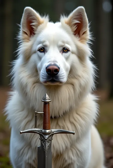 Un berger blanc suisse majestueux, son pelage éclatant et soyeux. Il se tient fièrement, ses muscles bien dessinés sous son manteau de fourrure, avec une posture noble et attentive. Dans sa gueule, il tient fermement une épée à la lame brillante, qui capte...