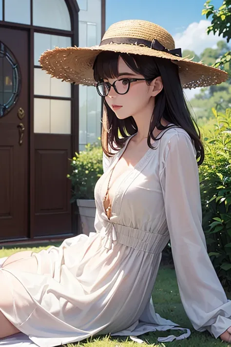 ((TOP QUALITY)), ((傑TOP QUALITY、masterpiece、High sensitivity、high definition、 detailed depiction of up to the front door、Delicate Face Depiction))Slender Woman、glasses、 Straw Hat、Blouson、Lying on the grass、