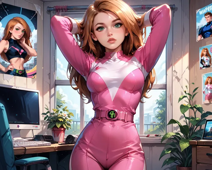 cinematic film still, solo, 1girl, BREAK kim possible, narrow waist, perky breasts, pink power ranger outfit, pink catsuit with white details BREAK high tech computer factory, kim possible poster in background, sneaking around, relaxed stretching, beautifu...