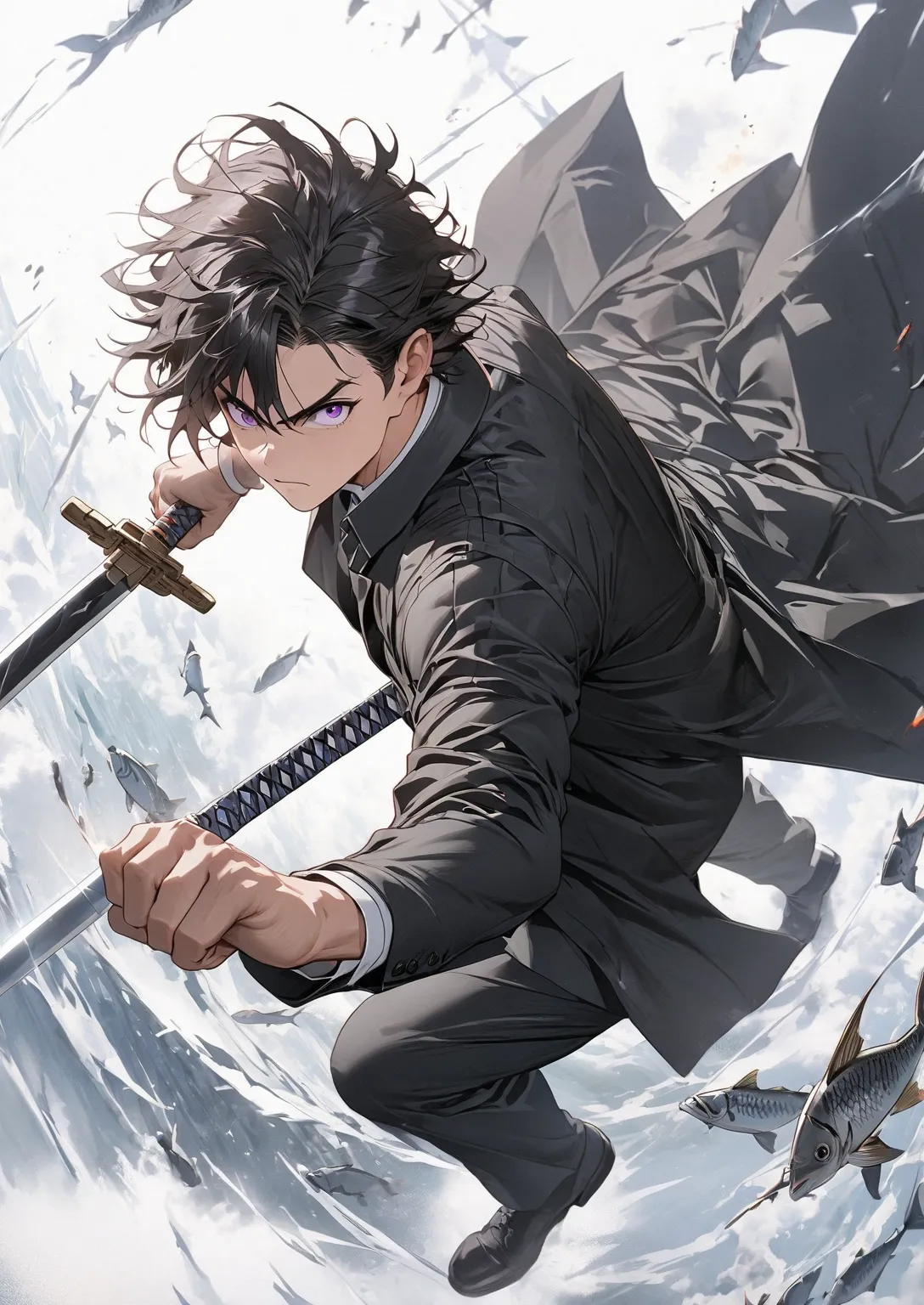 1man, swordsman, overcoat, black suit, black hair, messy hair, black clothes, purple eyes, sword focus, epic, nice details, 4k image, face detailed, full body, from above, fish eye, holding sword combat stance, dashing