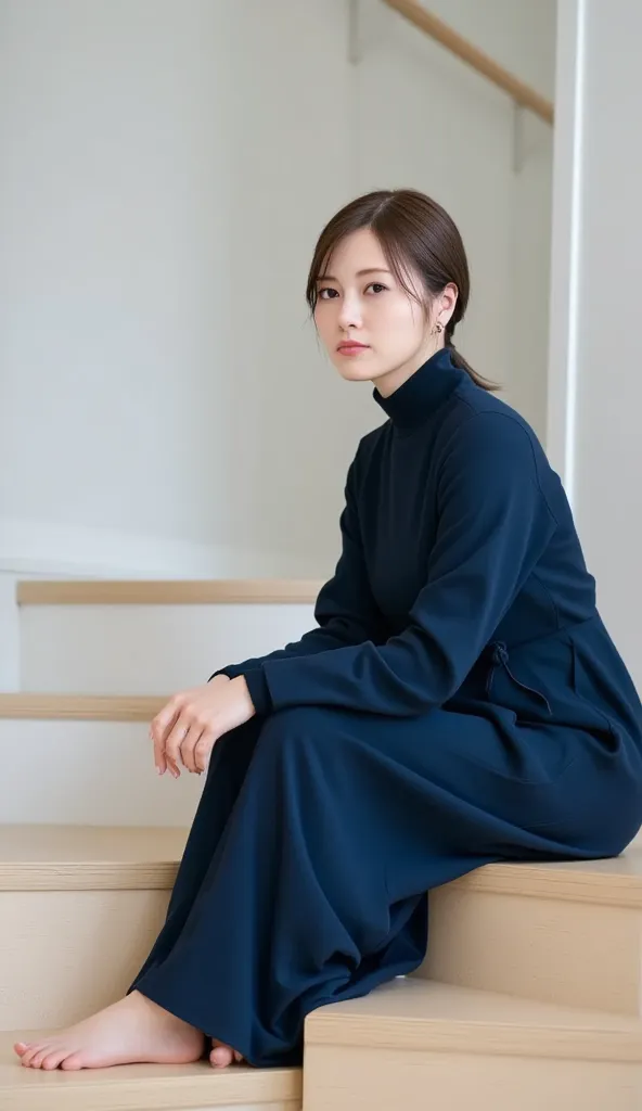     high definition  ,    masterpiece,    accurate,     解剖学的に  accurate ,    one girl ,    alone, Japanese Wife、Age 30、  navy blue knit dress    、     black high neck inner  ,      she's sitting on the stairs    , close-up, (    she's sitting on the stairs...