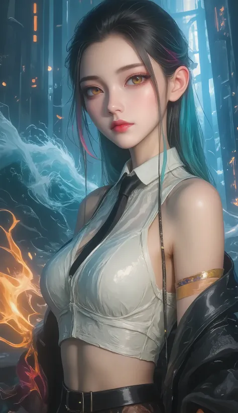 Crane girl, masterpiece, best quality, amazing quality , is very beautiful, high resolution , latest, Super Fine , realism, 1 Girl, \(roaring waves\), pink hair, Two-tone hair, Flame arm , Red arm , white dress, Black Jacket , Detailed Eyes, round...