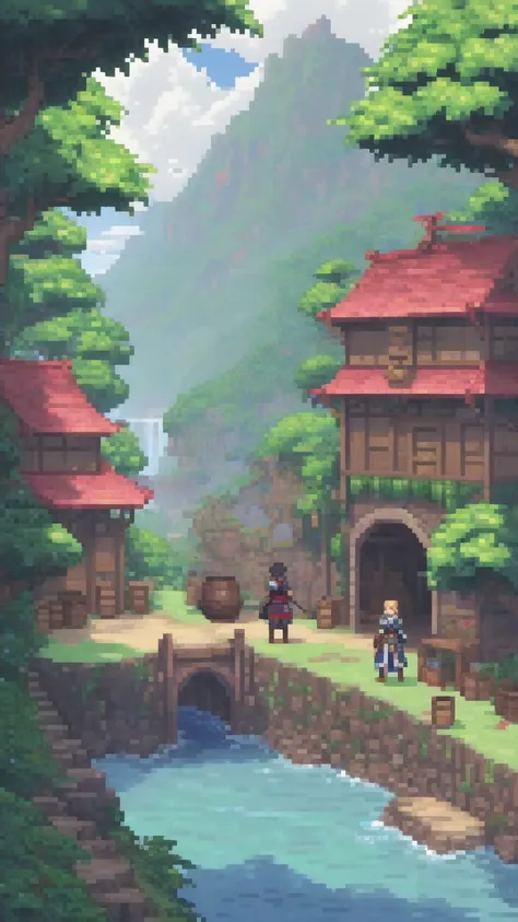 pixelart fantasy isekai with warriors and waifus