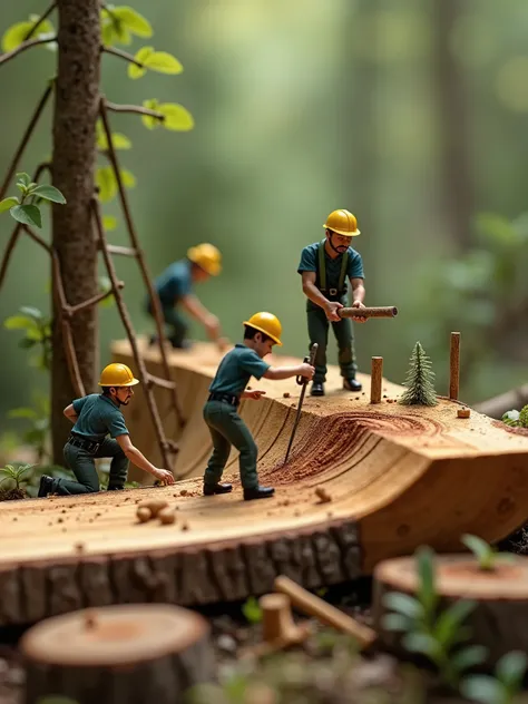 A hyper-realistic, cinematic close-up of miniature forestry experts professionally applying various silvicultural operations using oversized hand-held forest management tools. The tiny experts, dressed in elegant forester uniforms, stand on ladders, scaffo...