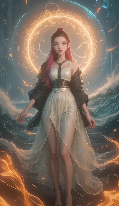 Crane girl, masterpiece, best quality, amazing quality , is very beautiful, high resolution , latest, Super Fine , realism, 1 Girl, \(roaring waves\), pink hair, Two-tone hair, Flame arm , Red arm , white dress, Black Jacket , Detailed Eyes, round...